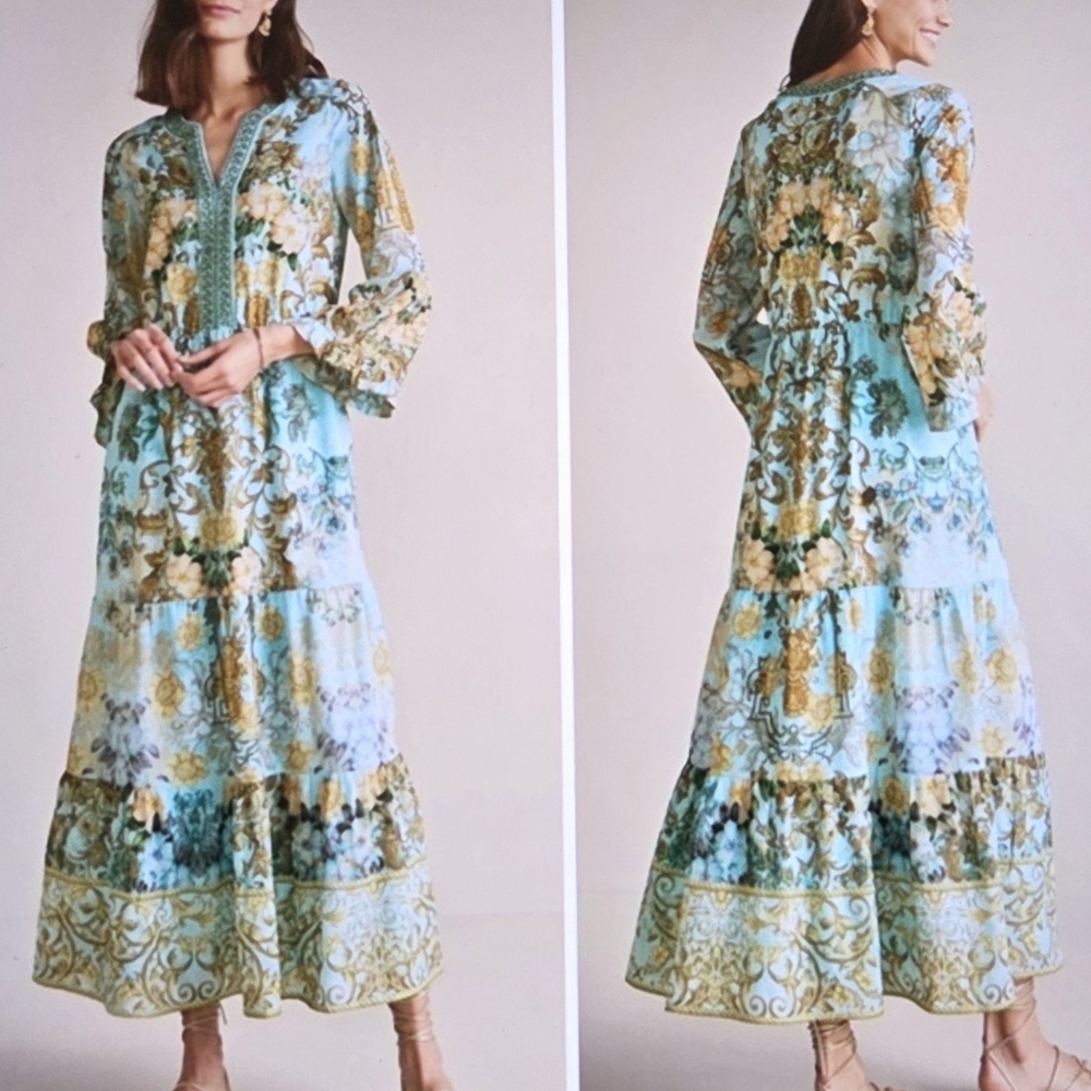 Soft Surroundings Baroque Maxi Dress Floral/Beaded Size Small